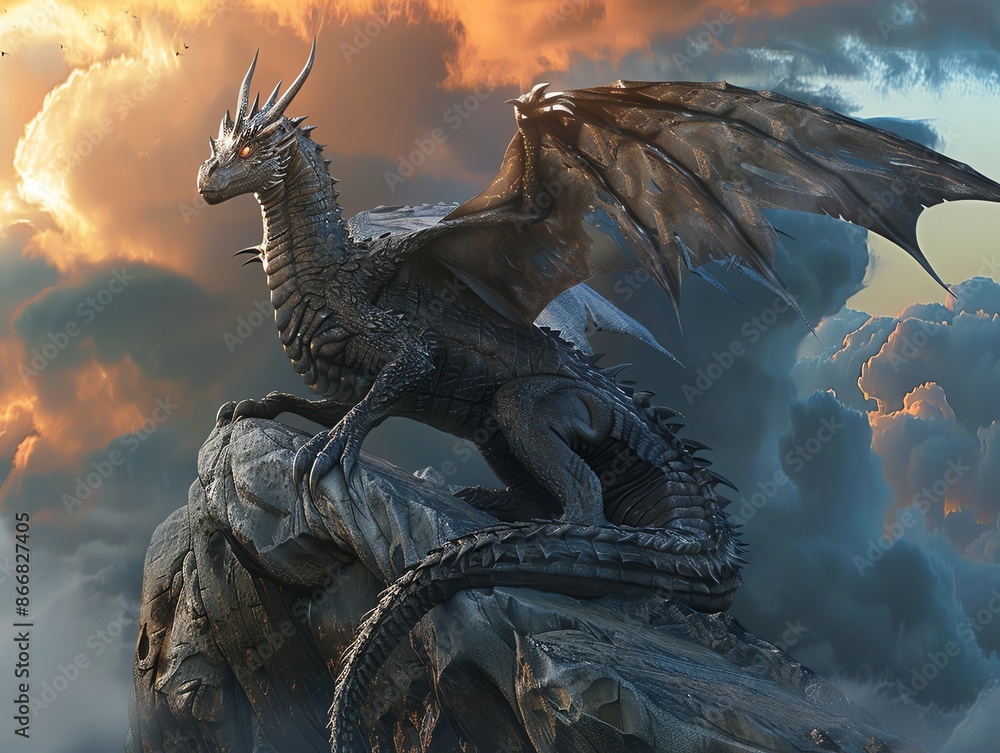 A hyper-realistic dragon perched on a cliff, with detailed scales, fiery eyes, and a background of a stormy sky