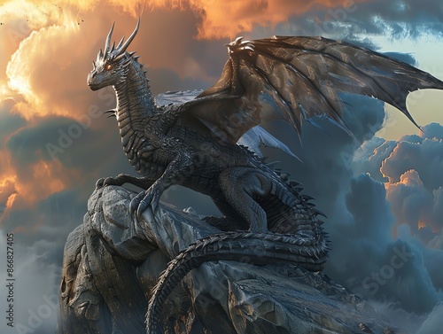 Obraz na płótnie A hyper-realistic dragon perched on a cliff, with detailed scales, fiery eyes, and a background of a stormy sky w salonie