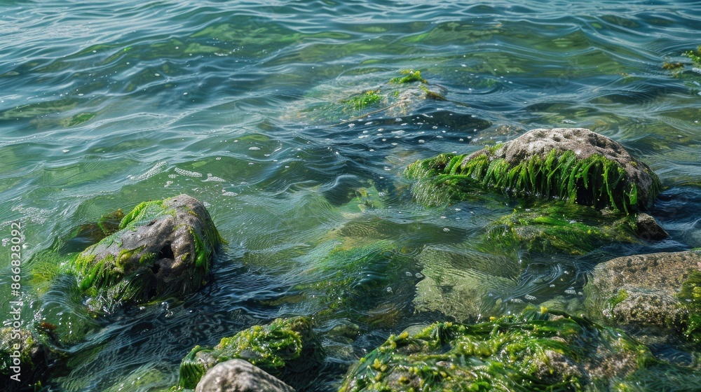 Fototapeta premium Rock covered in green mossy algae on the surface of shallow marine waters