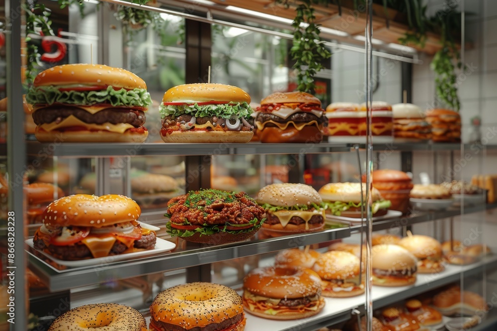 An impressive array of gourmet burgers showcased in a display case, highlighting various toppings and fresh ingredients, perfect for a burger joint or upscale restaurant.
An impressive array of gourmet burgers showcased in a display case, highlighting various toppings and fresh ingredients, perfect for a burger joint or upscale restaurant.