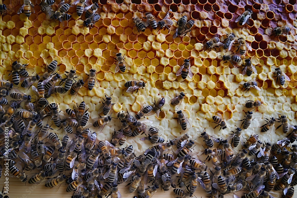 A color-blocked abstract of a bustling bee hive without showing bees A color-blocked abstract of a bustling bee hive without showing bees