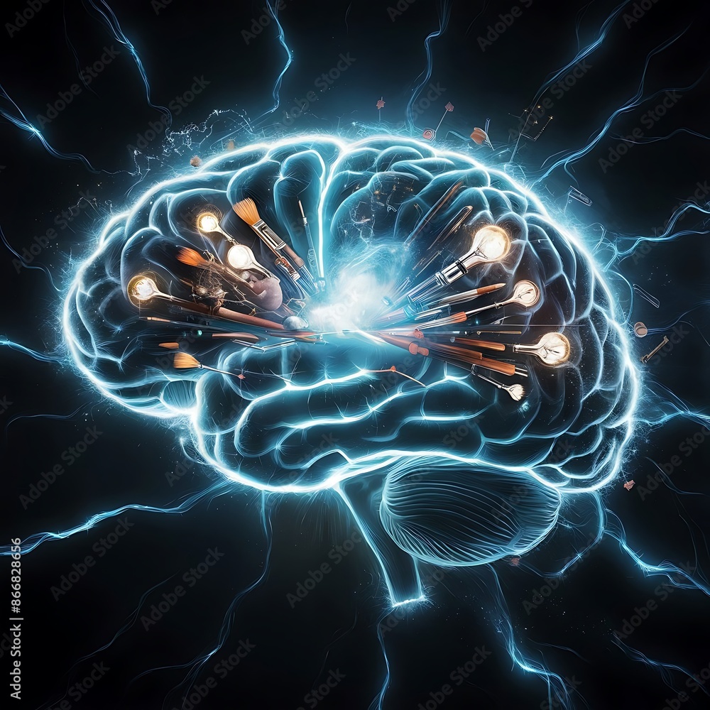 A human brain in concept art that is bursting with knowledge and ...