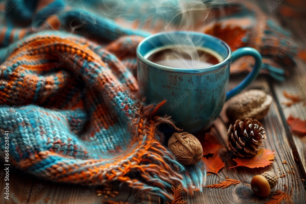 Steaming cup of hot coffee placed on a wooden table with autumn-themed decor Steaming cup of hot coffee placed on a wooden table with autumn-themed decor