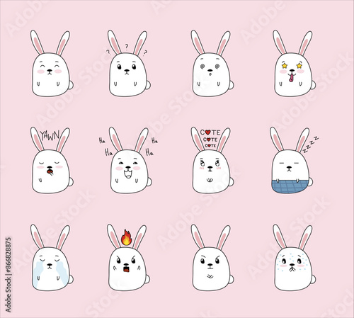 Kawaii cute bunny rabbit cartoon emotes collection . Can be used for Twitch, Discord, YouTube. Graphic conversational text elements illustration set