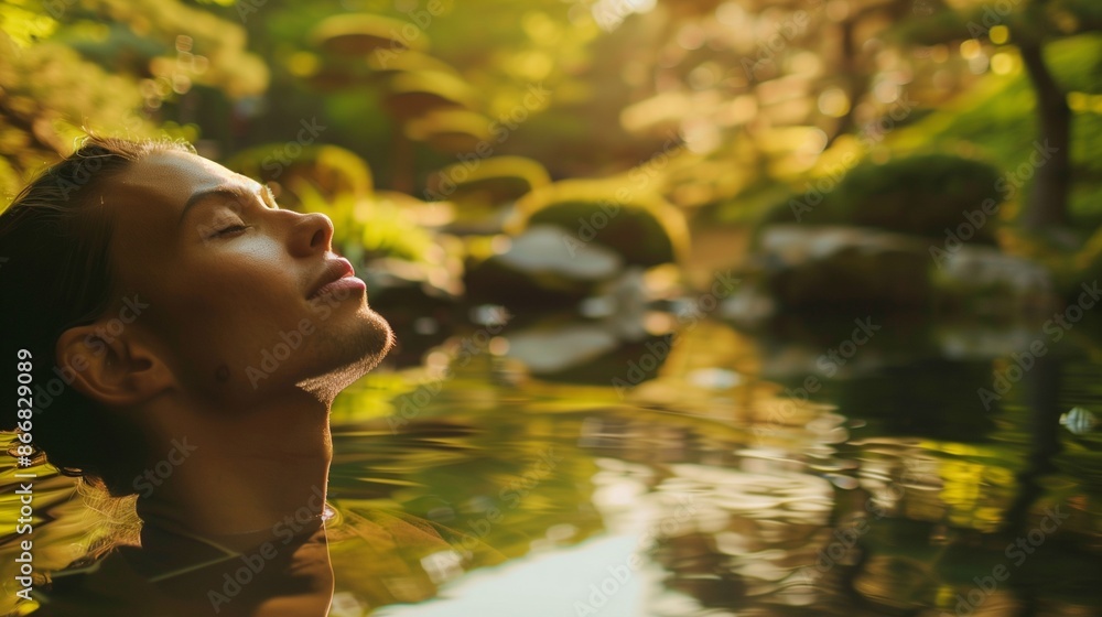 A person enjoying a peaceful moment in a Japanese garden, their face serene and reflective, A person enjoying a peaceful moment in a Japanese garden, their face serene and reflective,