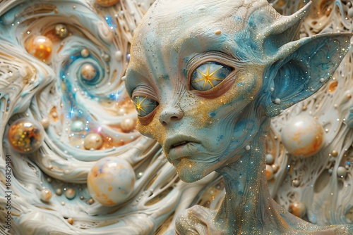 A cosmic alien with large, soulful eyes and intricate facial features, surrounded by swirling, galaxy-like patterns in a mystical setting.