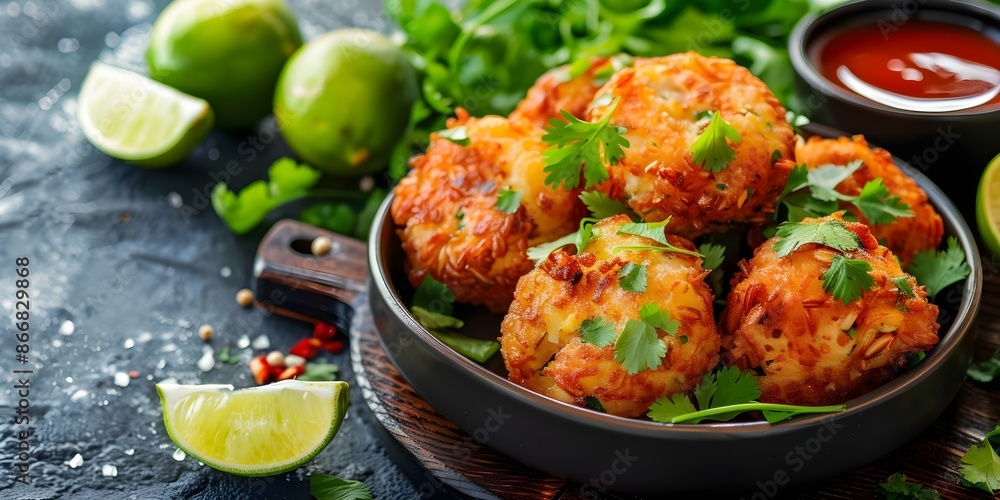 Brazilian Delicacy Fried Codfish Fritters with Lime Hot Sauce. Concept Brazilian Cuisine, Codfish Fritters, Lime Hot Sauce, Foodie Experience, Traditional Delicacy Brazilian Delicacy Fried Codfish Fritters with Lime Hot Sauce. Concept Brazilian Cuisine, Codfish Fritters, Lime Hot Sauce, Foodie Experience, Traditional Delicacy