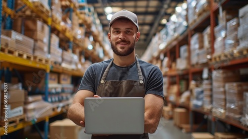 Handsome business sme owners in apron with delivery box package stock warehouse preparing after received online order from customer in social media in laptop, he is influencer.  © Farda Karimov