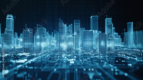 3D Rendering of visual city. Hologram of urban city area in dark mode. 