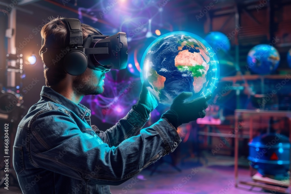 Virtual Reality Scientist Interacting with Digital Globe in Futuristic Laboratory Virtual Reality Scientist Interacting with Digital Globe in Futuristic Laboratory
