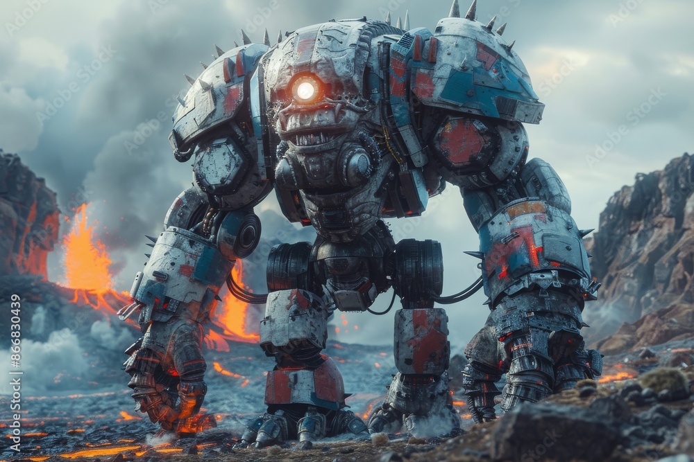 A giant, heavily armored robotic figure with a single glowing eye standing in a dystopian landscape with smoldering ruins.
A giant, heavily armored robotic figure with a single glowing eye standing in a dystopian landscape with smoldering ruins.
