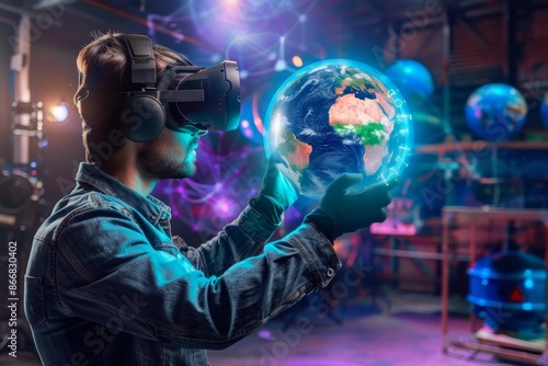 Virtual Reality Scientist Interacting with Digital Globe in Futuristic Laboratory