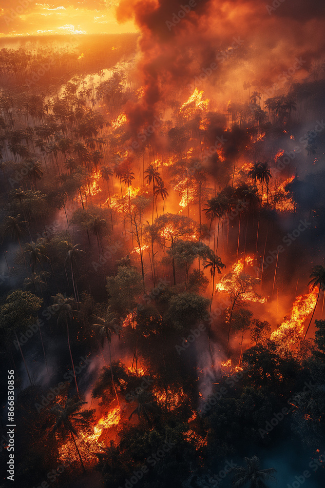 A forest fire is raging through a jungle, with trees and vegetation on fire A forest fire is raging through a jungle, with trees and vegetation on fire