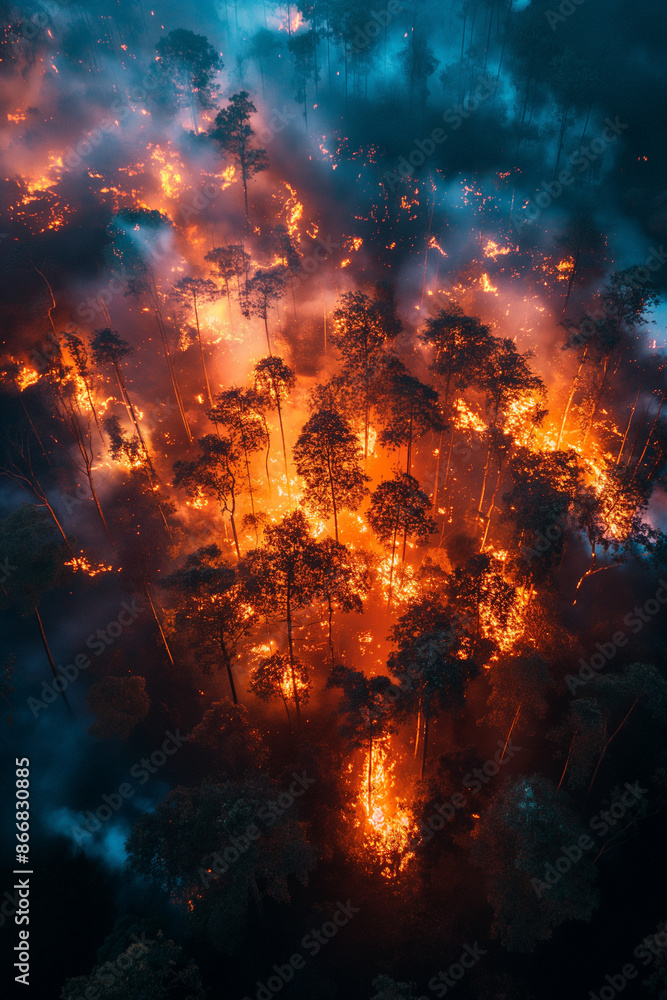 A forest fire is raging, with trees and smoke filling the sky A forest fire is raging, with trees and smoke filling the sky