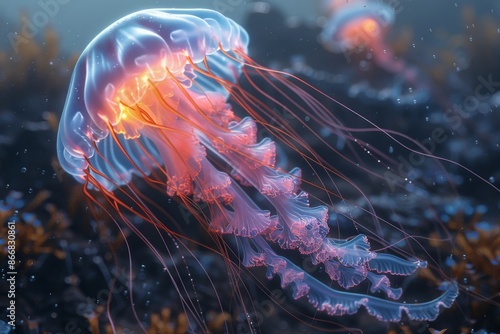 Wallpaper Mural A luminescent jellyfish drifting gracefully underwater, surrounded by the soft glow of bioluminescence in the ocean depths.

 Torontodigital.ca