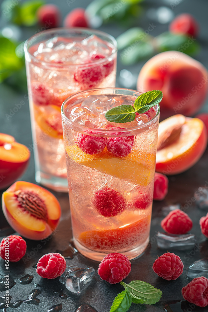 Two glasses of a pink drink with raspberries and mint on the rim Two glasses of a pink drink with raspberries and mint on the rim