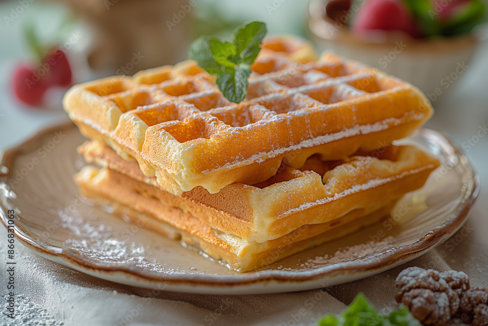 A stack of waffles with powdered sugar on top