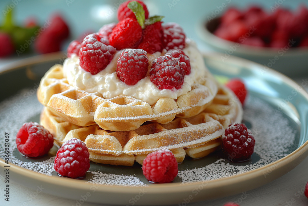 A plate of waffles with whipped cream and raspberries on top A plate of waffles with whipped cream and raspberries on top