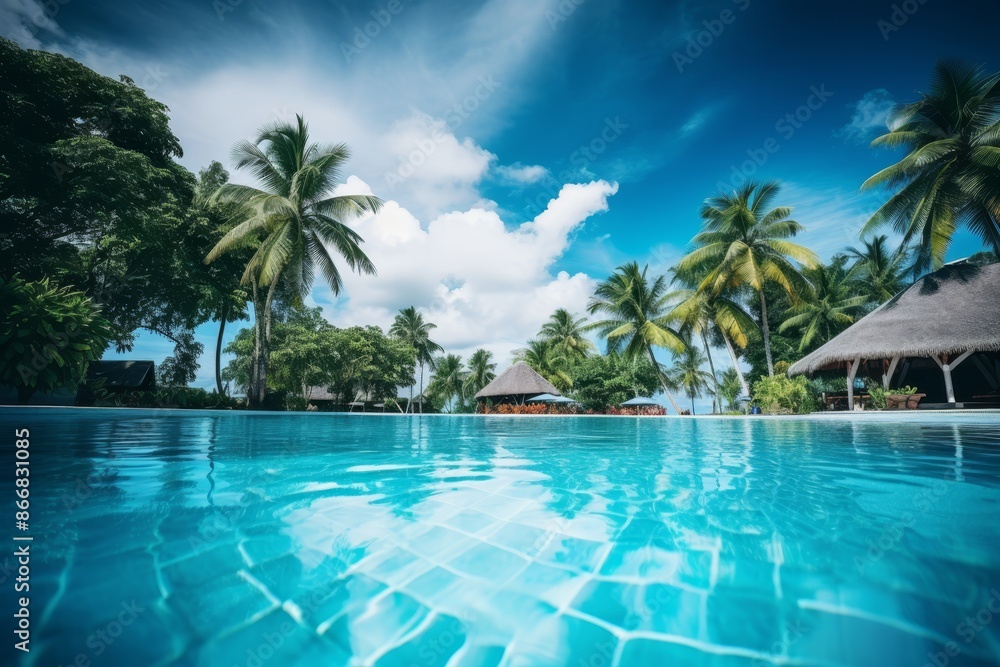 Luxurious maldives resort  poolside oasis under blue sky with palm trees and umbrellas