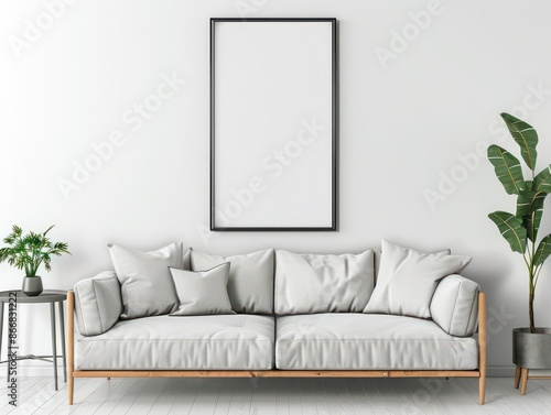 Blank picture frame on a white wall, sleek Scandinavian living room, modern sofa, AI Generative
