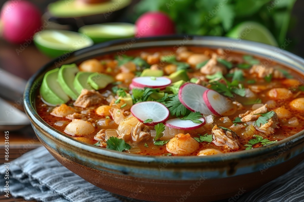 A bowl of pozole rojo, with tender pork, hominy, and a rich red chili broth, garnished with shredded cabbage, radishes, avocado slices, and lime wedges A bowl of pozole rojo, with tender pork, hominy, and a rich red chili broth, garnished with shredded cabbage, radishes, avocado slices, and lime wedges