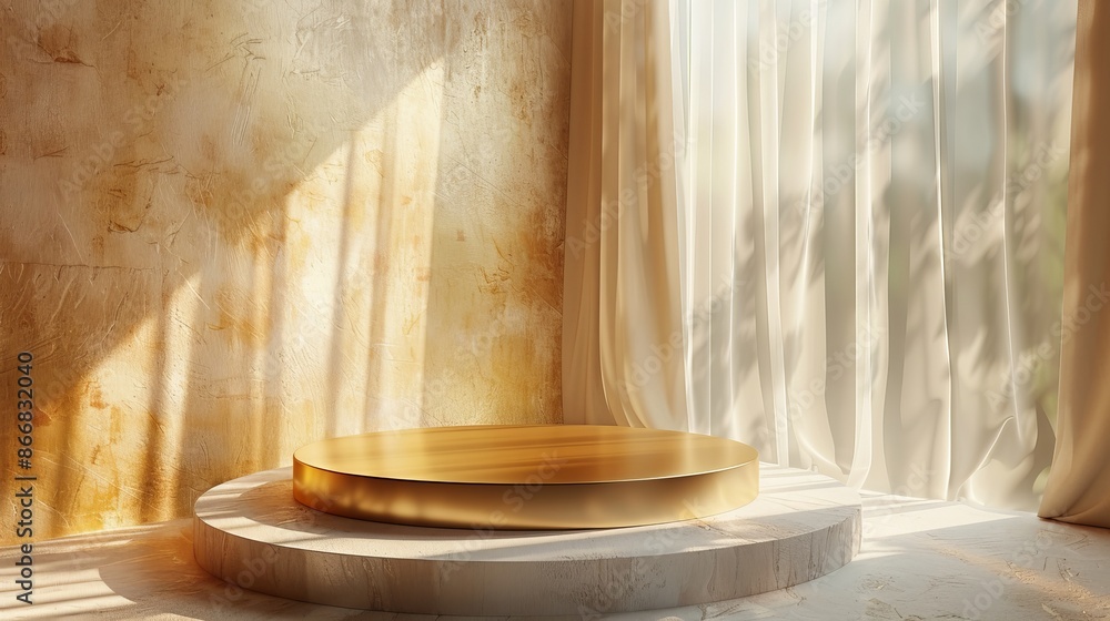 Elegant display stand in sunlit room with golden walls and sheer curtains, modern minimalist design concept Elegant display stand in sunlit room with golden walls and sheer curtains, modern minimalist design concept