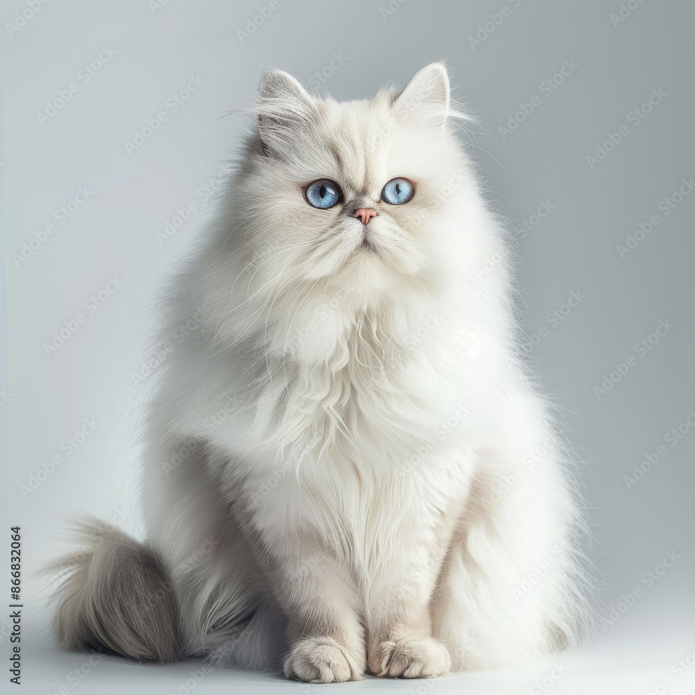a Persian cat with fluffy white fur and deep blue eyes. a Persian cat with fluffy white fur and deep blue eyes.