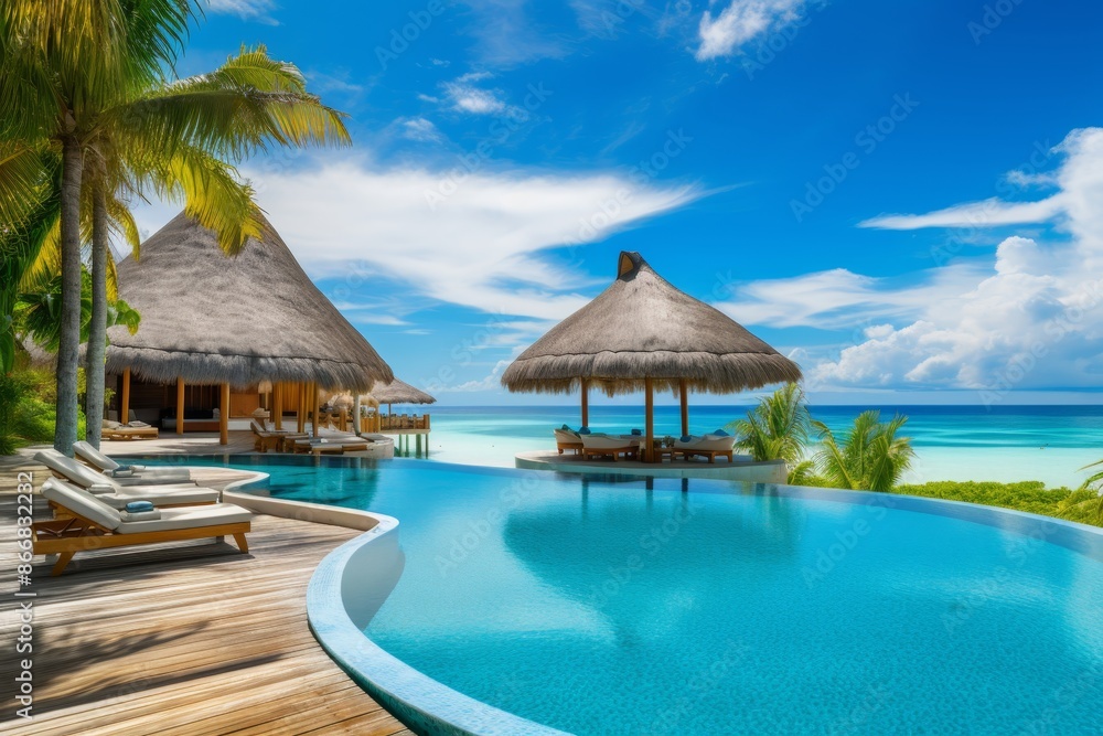 Luxurious maldives resort poolside oasis with palm trees, sun loungers, and blue sky Luxurious maldives resort poolside oasis with palm trees, sun loungers, and blue sky
