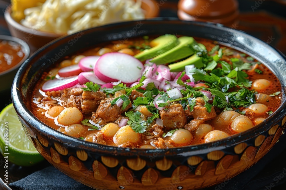 A bowl of pozole rojo, with tender pork, hominy, and a rich red chili broth, garnished with shredded cabbage, radishes, avocado slices, and lime wedges A bowl of pozole rojo, with tender pork, hominy, and a rich red chili broth, garnished with shredded cabbage, radishes, avocado slices, and lime wedges