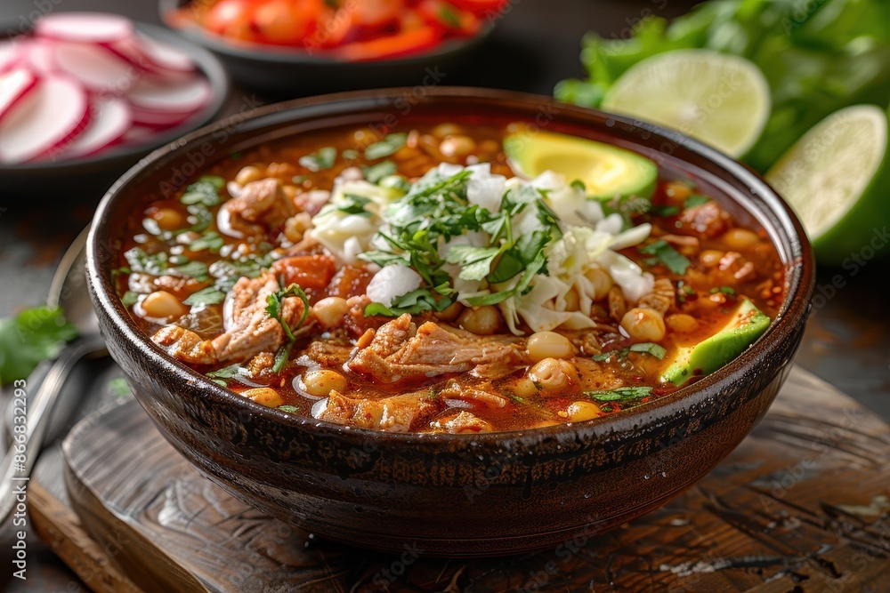 A bowl of pozole rojo, with tender pork, hominy, and a rich red chili broth, garnished with shredded cabbage, radishes, avocado slices, and lime wedges A bowl of pozole rojo, with tender pork, hominy, and a rich red chili broth, garnished with shredded cabbage, radishes, avocado slices, and lime wedges
