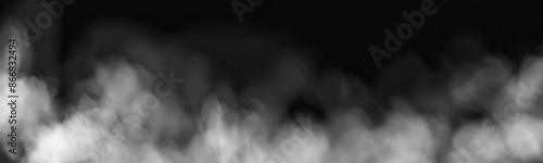 Fog or smoke, white smog clouds on floor, isolated transparent special effect. Vector illustration, morning fog over land or water surface, magic haze.	