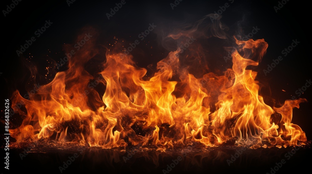 Fiery spark overlay on grill flame with smoke, heat glow, orange sparkle flying in cloud Fiery spark overlay on grill flame with smoke, heat glow, orange sparkle flying in cloud