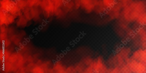 Red smoke, smog cloud on podium or stage, isolated transparent special effect. Vector illustration, fog vapor over ground or water surface, magic haze.
