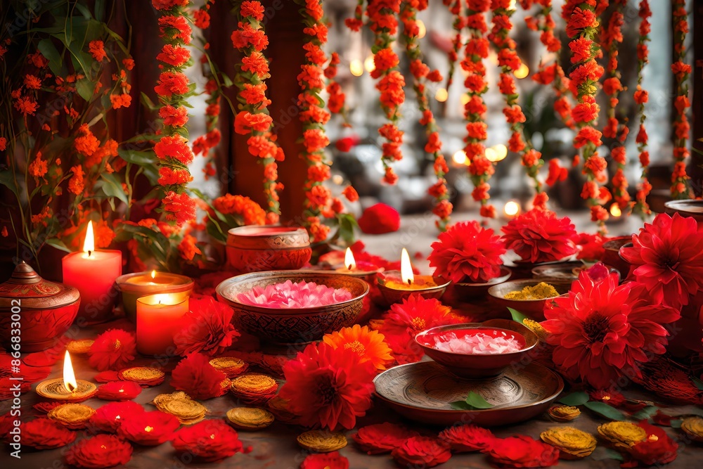 Naklejka premium Diwali decorations with floral garlands with red fllower.