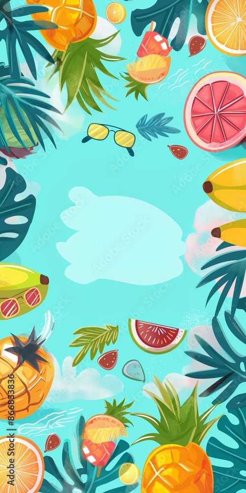 A punchy, exotic arrangement of juicy tropical fruits and palm leaves in a vibrant summer frame. A punchy, exotic arrangement of juicy tropical fruits and palm leaves in a vibrant summer frame.