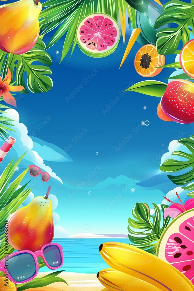 A graphic tropical frame with exotic fruits like watermelon, pineapple, and mango on a sandy shore. A graphic tropical frame with exotic fruits like watermelon, pineapple, and mango on a sandy shore.