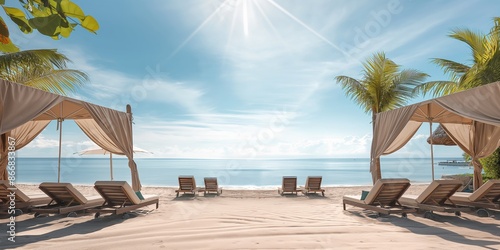 Idyllic paradise vacation with sandy shore, relaxation under sunshade on chair, beautiful tropical seascape.