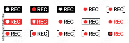 Set Of Recording sign icon. Red logo camera video recording symbol, rec icon