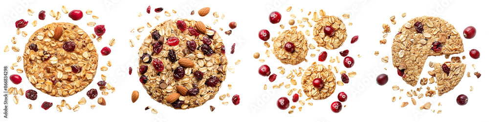 Oatmeal Cranberry Almond Cookies with Falling Ingredients Isolated on White Background, Png File Oatmeal Cranberry Almond Cookies with Falling Ingredients Isolated on White Background, Png File