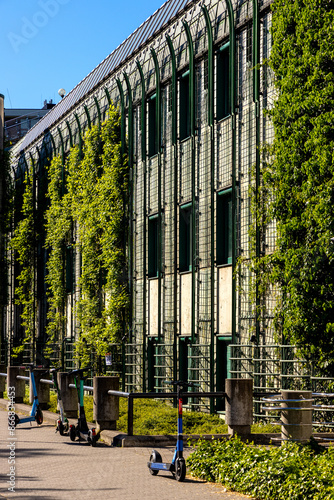 Modernistic Warsaw University main library BUW complex Biblioteka Uniwersytetu Warszawskiego in Powisle district of Warsaw in Poland