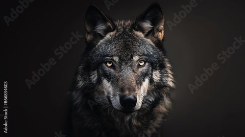 Close-up of a wolf's piercing gaze in the dark.