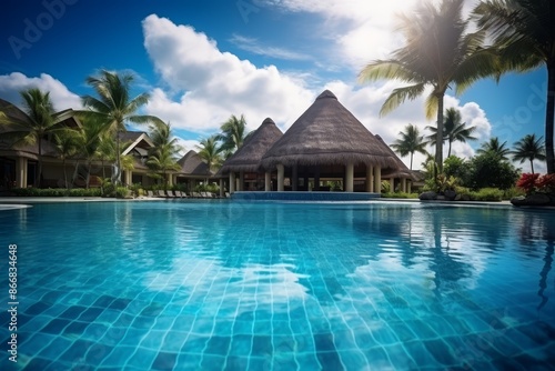 Luxurious tropical resort in maldives  relaxing poolside oasis with palm trees and blue sky © sorin