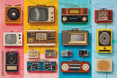 A color-blocked depiction of a neatly arranged set of vintage radios