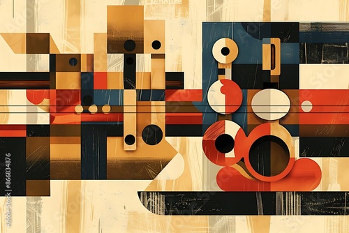 A color-blocked depiction of a geometrically designed musical instrument photo