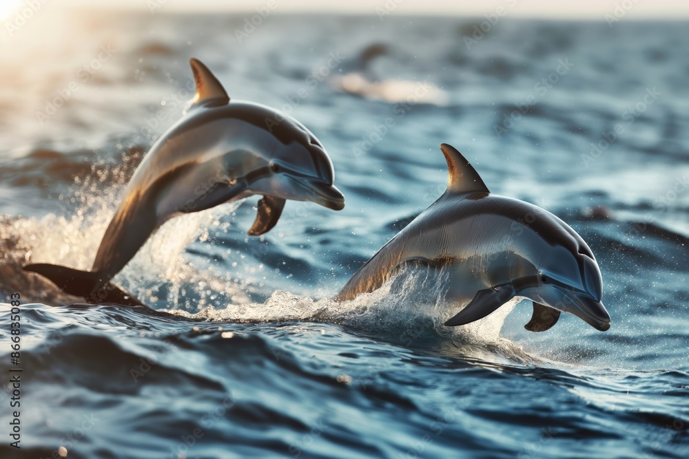 Obraz premium Two dolphins energetically breach the surface of the ocean, creating dynamic splashes as they enjoy their playtime against a backdrop of deep blue waters and sunlight.