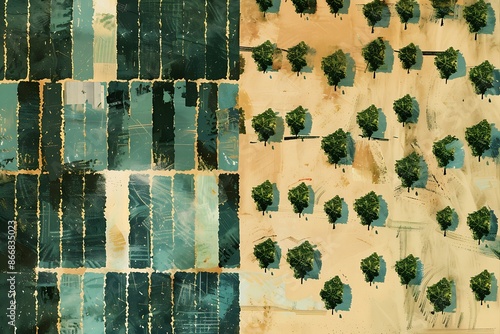 A color-blocked depiction of a top view of a neatly arranged vineyard