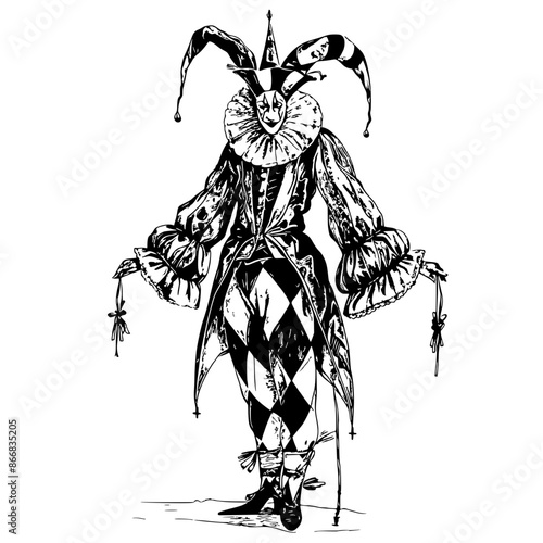 A stylized depiction of a jester, combining elegant and whimsical elements, showcasing intricate details in costume and makeup, capturing both playful and melancholic expressions.