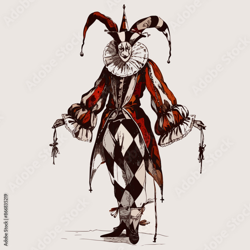 A stylized depiction of a jester, combining elegant and whimsical elements, showcasing intricate details in costume and makeup, capturing both playful and melancholic expressions.