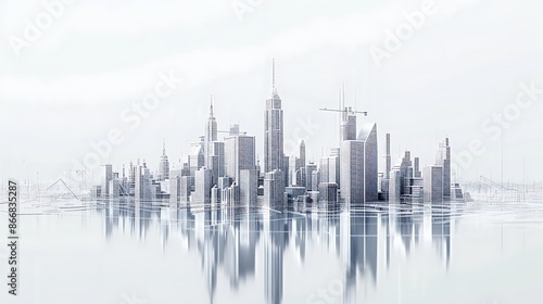 Modern city skyline with smart infrastructure and interconnected buildings displayed on a minimalist white background, emphasizing the role of technology in shaping urban environments.