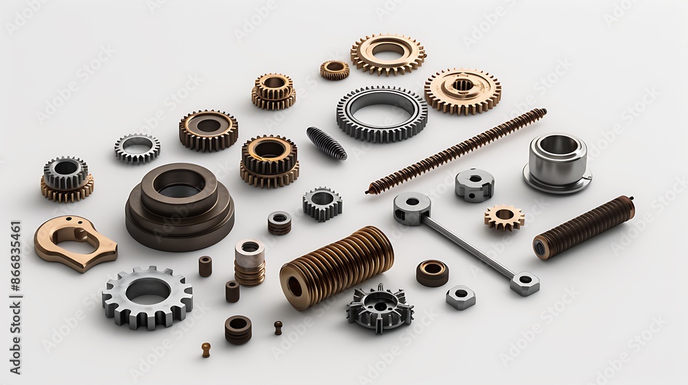 Fototapeta premium Precision-engineered gears and mechanical components arranged artistically on a white background, symbolizing the intricacies of technology and innovation, presented in realistic